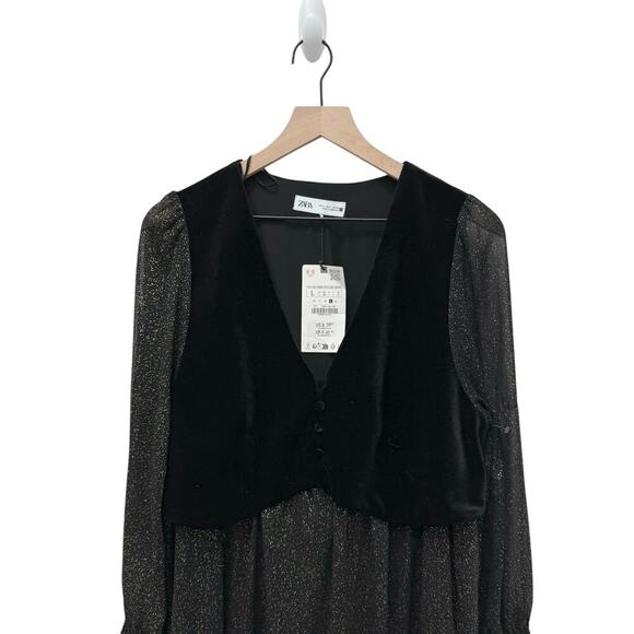 NWT Zara Velvet Vest Printed Pleated Single Breasted Mini Dress‎ Size Large - Picture 6 of 11